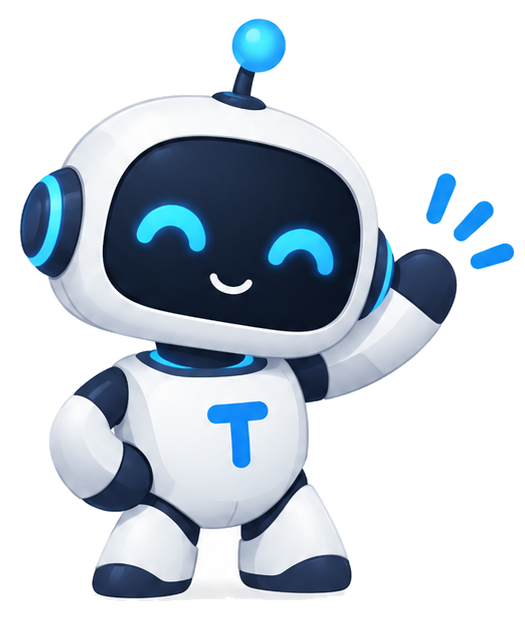 Tarvi, a friendly white robot with a navy face, cyan eyes, antenna, and blue T